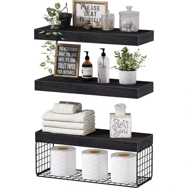 Bathroom Shelves Over Toilet - Wall Mounted Floating Shelves Toilet Paper Storage Small Farmhouse Decor Shelf 16 Inch Set Of 3, Black