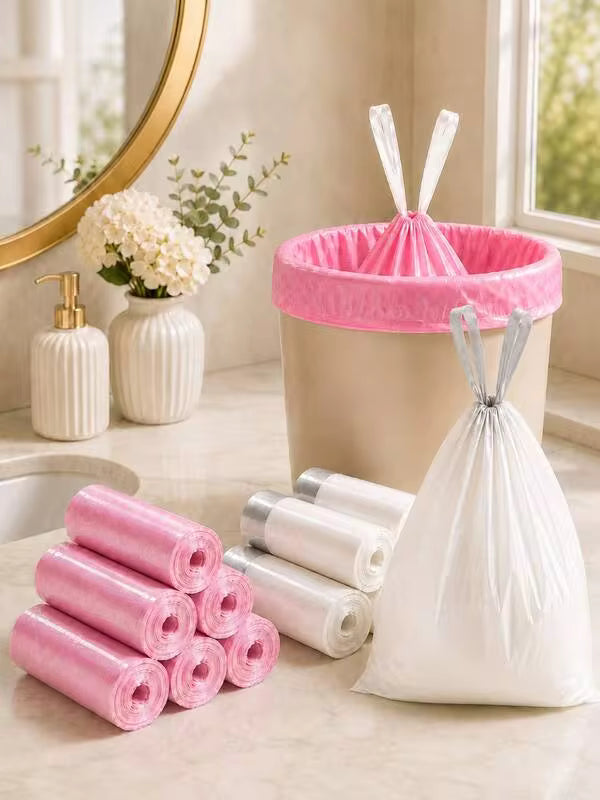 400Pcs Pink & White Drawstring Trash Bags – 4-5 Gallon Small Garbage Bags, Leak Proof Thick Durable Tear Resistant Kitchen Bathroom Home Bedroom Office Daily Use Trash Liners, Easy Tie Strong Household Waste Bags