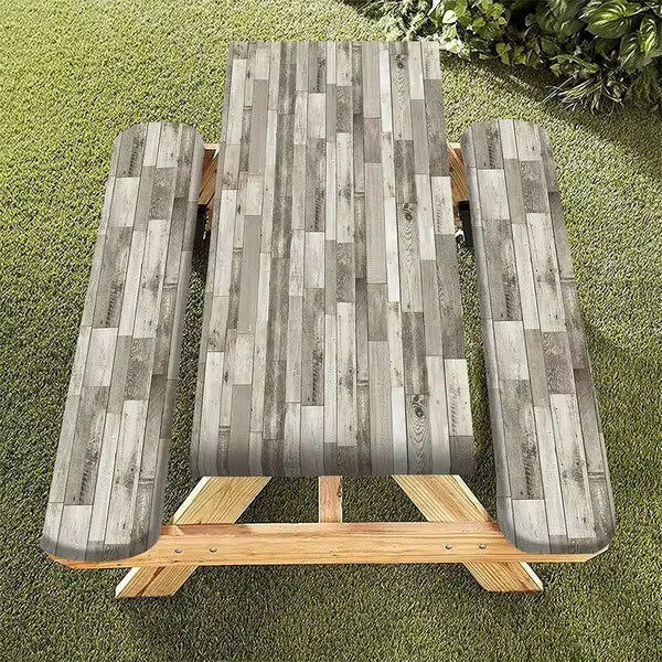 3-Piece Set 2D Printed Gray Wood Grain Picnic Table And Bench Covers - Heavy-Duty Elastic, Suitable For Outdoor Furniture, RV Camping, All-Weather Tablecloth For Backyard - Fits 4/6/8 Person Tables (Beige/Brown)